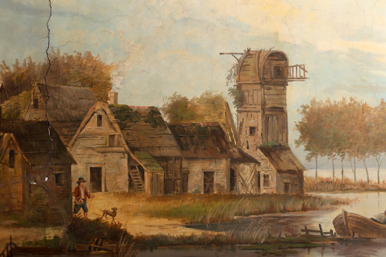 Takana toinen takahuone, kokoushuone, seinämaalauksia maalaiskohtauksilla klassiseen tyyliin, luultavasti vuodelta 1810, kohtaus 3 tekijältä Belgian School