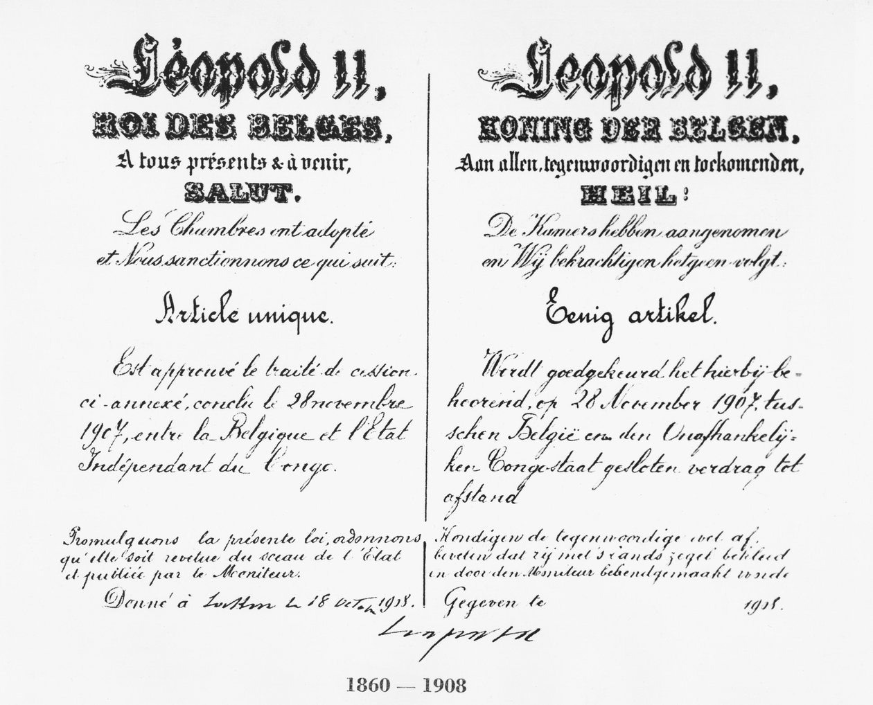 Kuningas Leopold II:n (1835-1909) allekirjoitus Kongon liittämisestä Belgiaan, 1908 tekijältä Belgian School