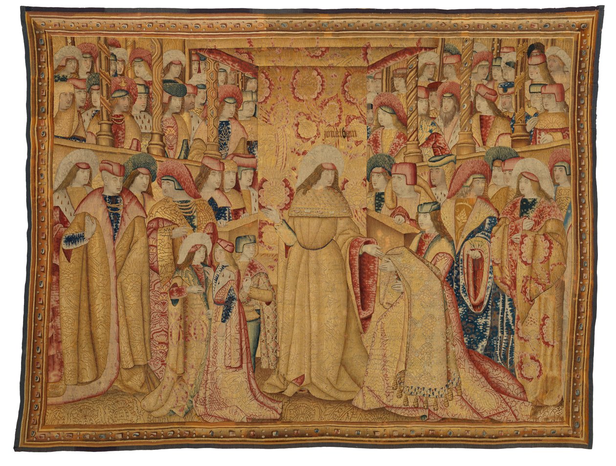 Kuvakudos, Jonathan Maccabeus vastaanottamassa purppuraa kaapua, valmistettu Brysselissä, Belgiassa, noin 1490-1500 (villa & silkki) tekijältä Belgian School