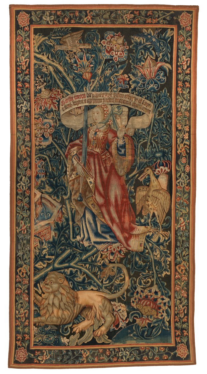 Tapestry, Sibylla Europa (yksi kuudesta Sibylistä, jotka sisältävät 46.134-45.139), nimeltään "Rothamsted Tapestries". Valmistettu Flanderissa, Tournaissa tai Brysselissä, Belgiassa, n. 1530 (villa) tekijältä Belgian School