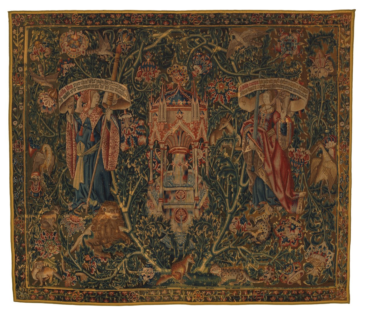 Tapestry, Sibylla Libya ja Europa (yksi kuudesta Sibyllasta, sisältää 46.134-46.139), nimeltään "Rothamsted Tapestries", valmistettu Flanderissa, Tournaissa tai Brysselissä, Belgiassa, noin 1530 (villa) tekijältä Belgian School