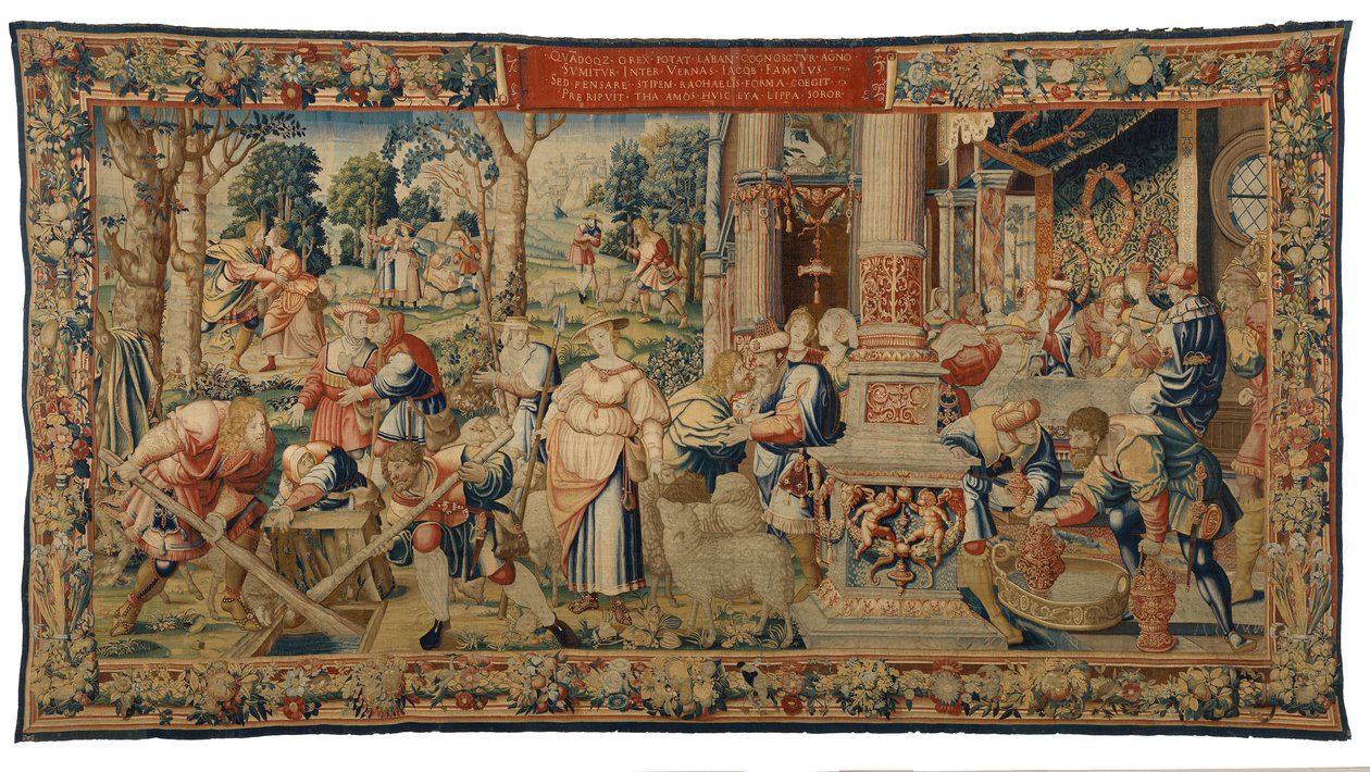 Kuvakudos, Labanin, Jaakobin ja Raakelin tarina, Genesis XXIX, valmistettu Brysselissä, Belgiassa, n. 1530 (villa & silkki) tekijältä Belgian School