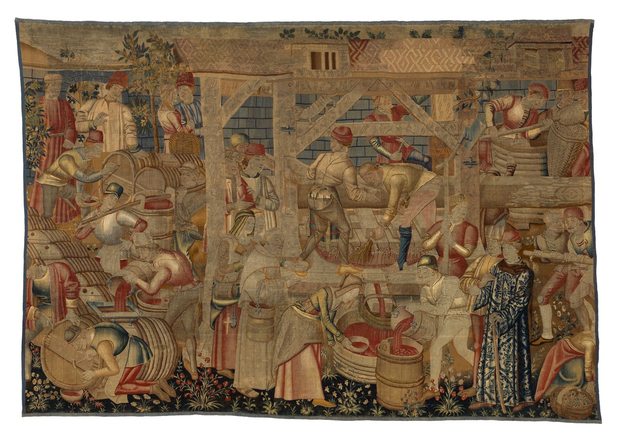 Viinipuristimia kuvaava kuvakudos, Tournaista, n. 1460-1470 (villa) tekijältä Belgian School