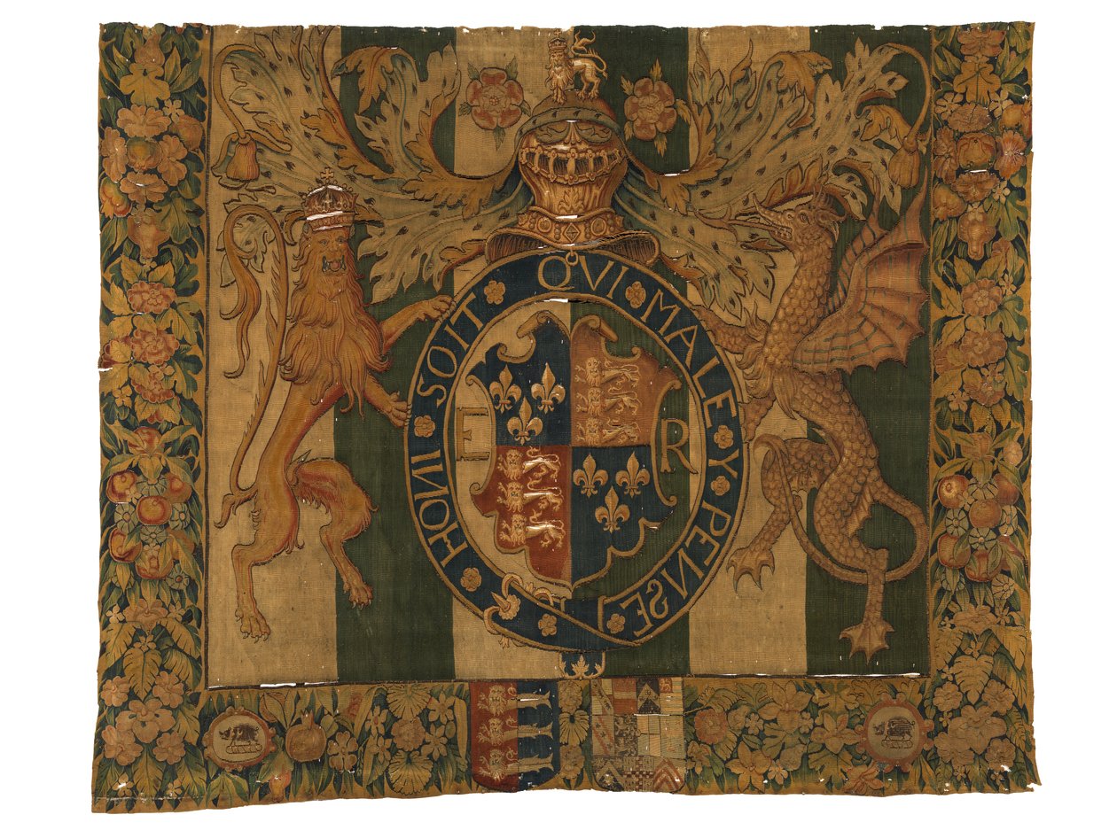 Kuvakudos Edward VI:n kuninkaallisilla käsivarsilla ja Arms of Le Grysillä, valmistettu luultavasti Enghienissa, Flanderissa, Belgiassa, n. 1547-53 (villa) tekijältä Belgian School