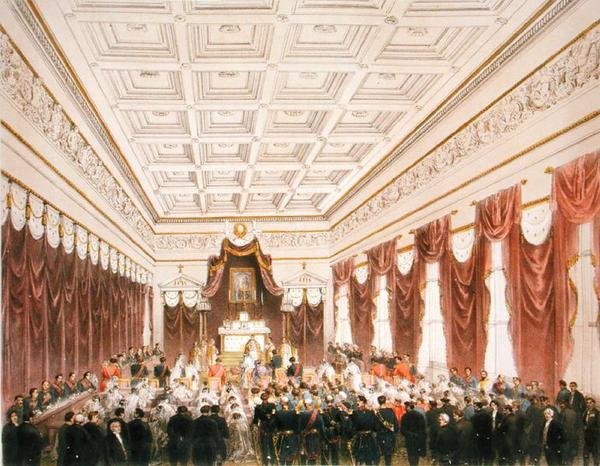 Maximilian Hapsburg-Lorrainen (1832-67), Itävallan arkkiherttua ja Charlotte Saxe-Cobourg-Gotha (1840-1927) Belgian prinsessa, avioliitto Chateau de Bruxellesissa 21. heinäkuuta 1857 (väri litho) tekijältä Belgian School