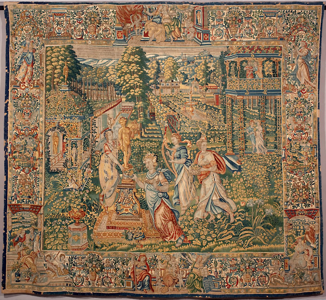 Pomonen (Pomona) hedelmänymfin lahjat Brysselin valmistajien kuvakudos. 1500-luvun Genes, Musei di Strada Nuova tekijältä Belgian School