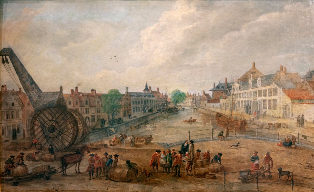 Näkymä Gent Lievekaaista ja Augustijnenkaaista puunosturilla, kopio Engelbert van Siclersin 1700-luvun maalauksesta tekijältä Belgian School