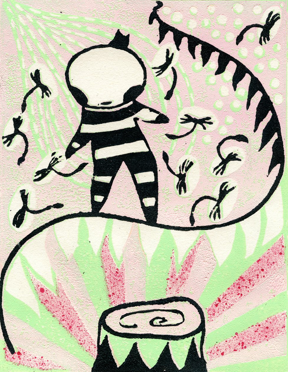 Sirkuksessa, 2010 (reliefprintti paperille) tekijältä Bella Larsson