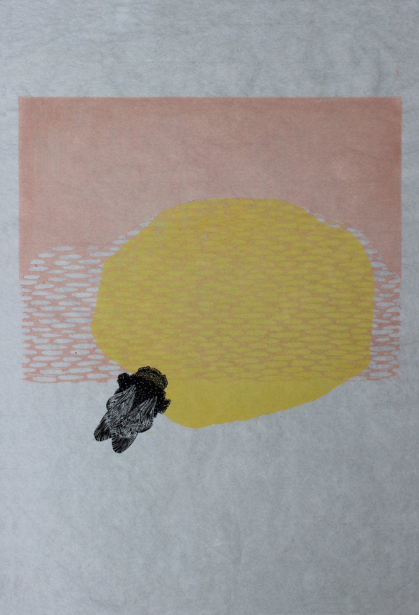 Bumblebee and Sun, 2013 (akvarelli- ja puukaiverrus washille) tekijältä Bella Larsson