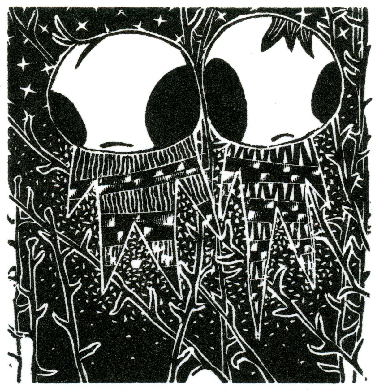 Stargazing Dreamstealers, 2013 (puukaiverrus paperille) tekijältä Bella Larsson
