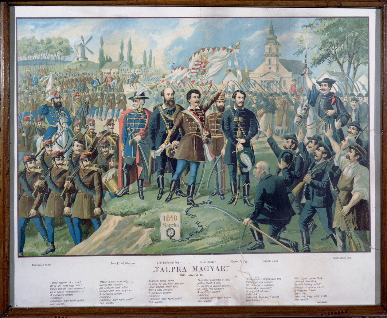 Sandor Petofi (1823-49) ja hänen kuuluisa julistuksensa "Talpra Magyar" 15. maaliskuuta 1848, 1800-luvun lopulla tekijältä Bellony Laszlo