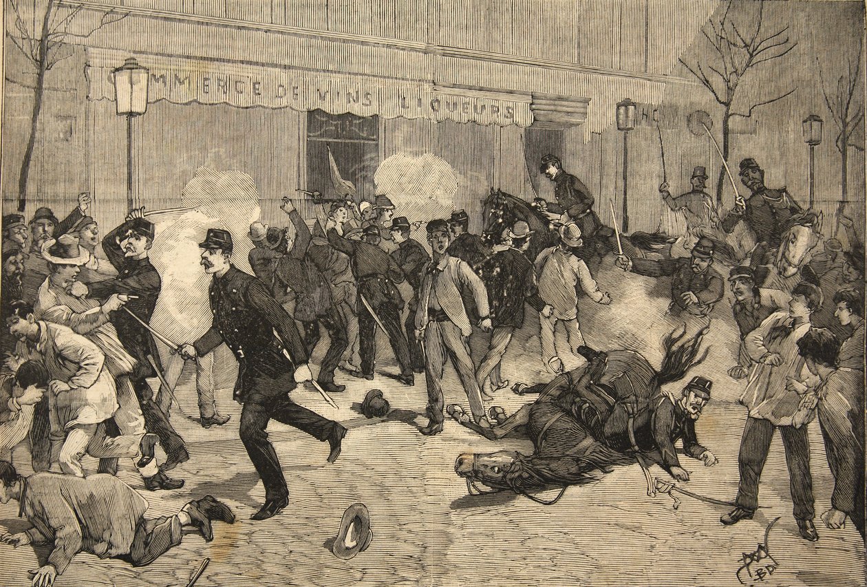Mellakka Clichyssä, Ranskassa, "Le Petit Parisien", 1. toukokuuta 1891 tekijältä Beltrand and Clair Guyot, E. Dete