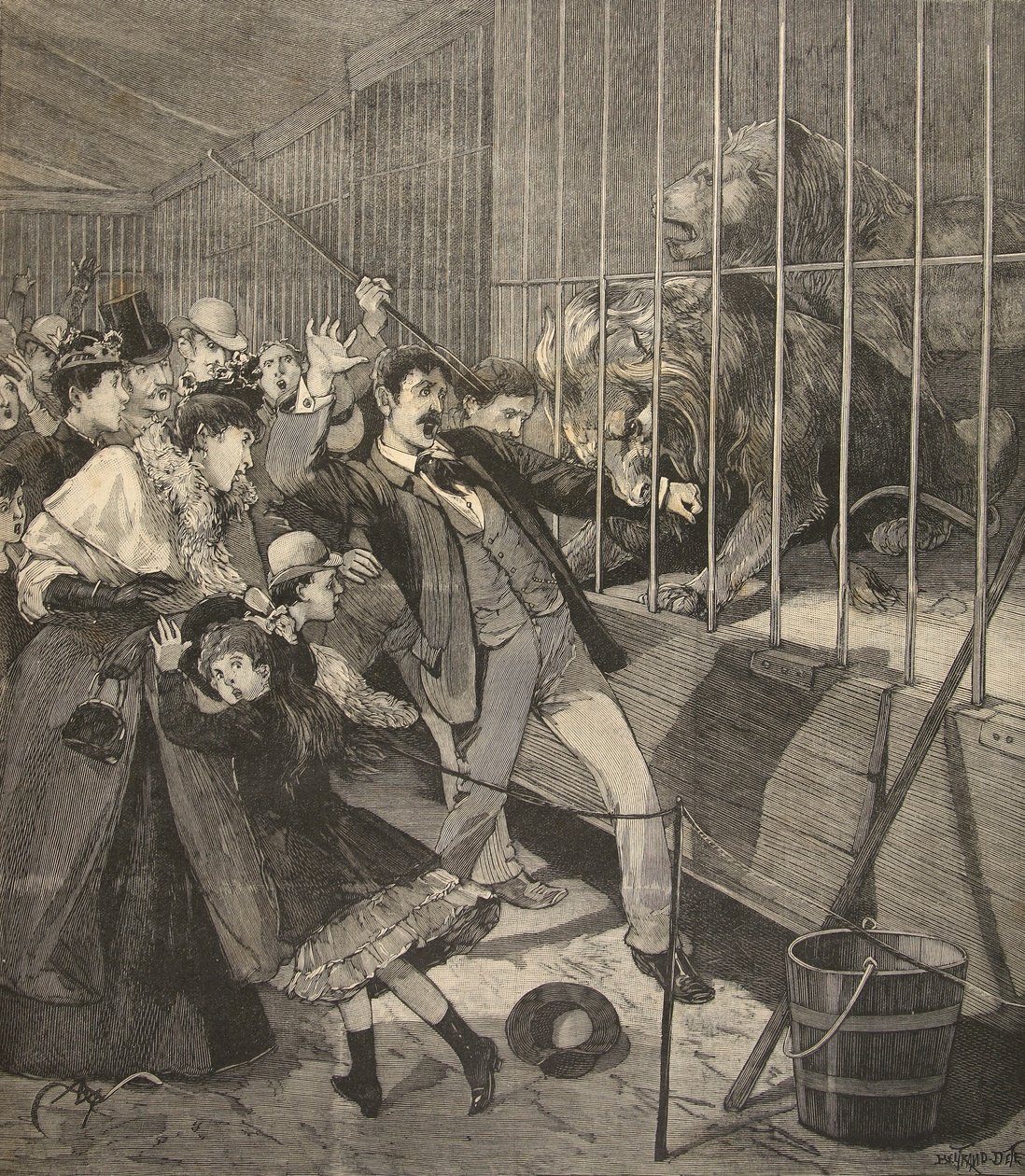 Vierailija hyökkäsi leijonan kimppuun eläintarhassa, "Le Petit Parisien", 12. huhtikuuta 1891 tekijältä Beltrand and Clair Guyot, E. Dete