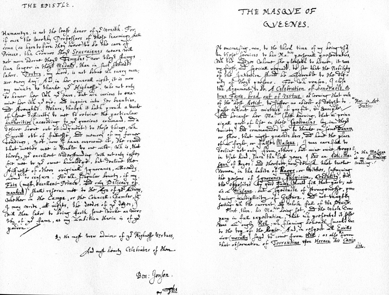 Kuningattaren naamio ja omistuskirje Henrylle, Walesin prinssille, 1609 tekijältä Ben Jonson