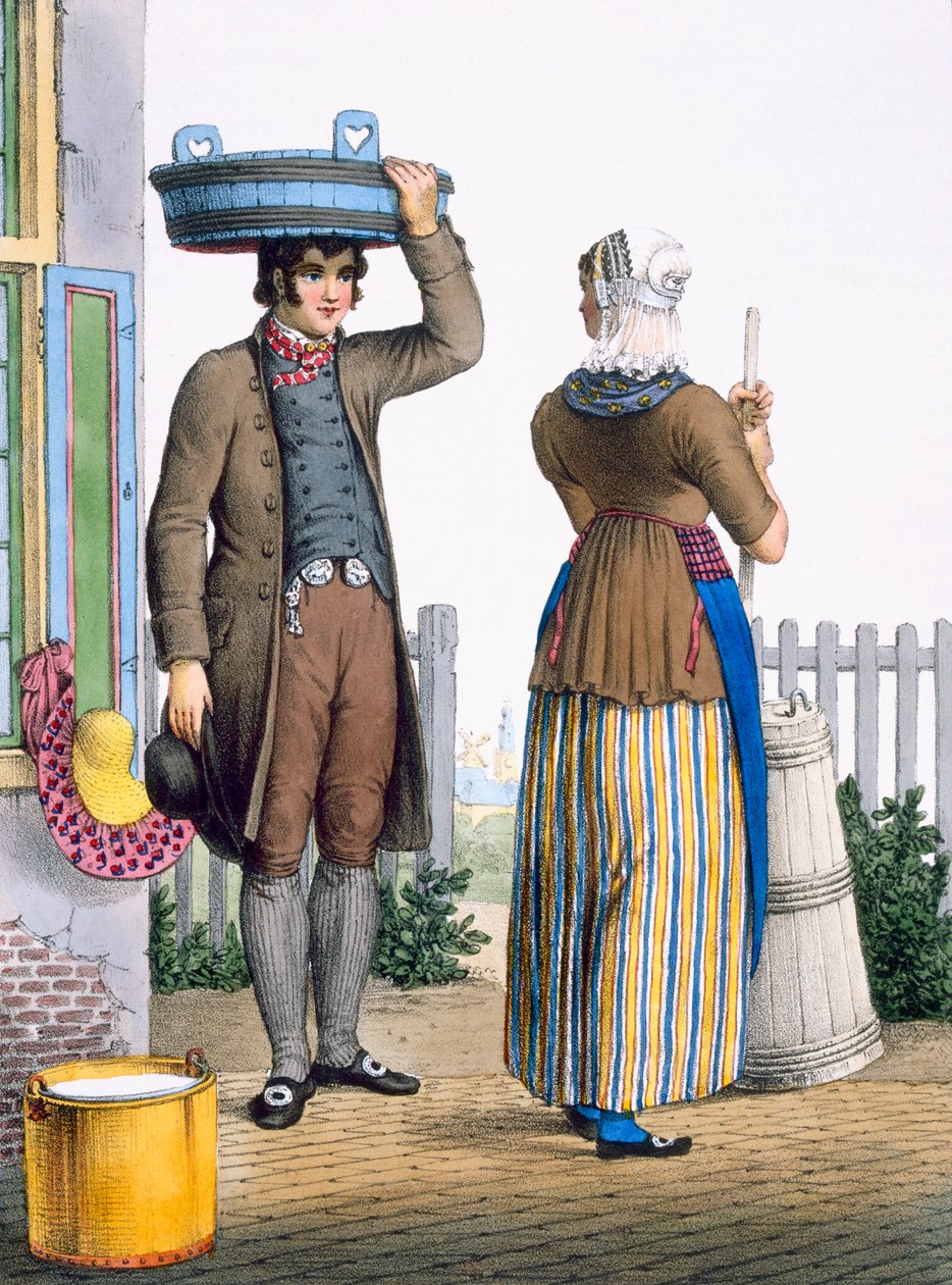 Parmerendin talonpoikaispari, Pohjois-Hollanti, kuvitus teoksesta "Collection des Costumes des Provinces Septentrionales du Royaume des Pay-Bas...", 1828. tekijältä Bendrik Greeven