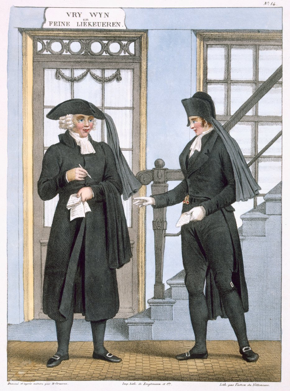 Amsterdamin hautajaisvirkailijat, kuvitus "Alankomaiden kuningaskunnan pohjoisten provinssien pukukokoelmista...", kaiverrettu Villeneuve, 1828 tekijältä Bendrik Greeven