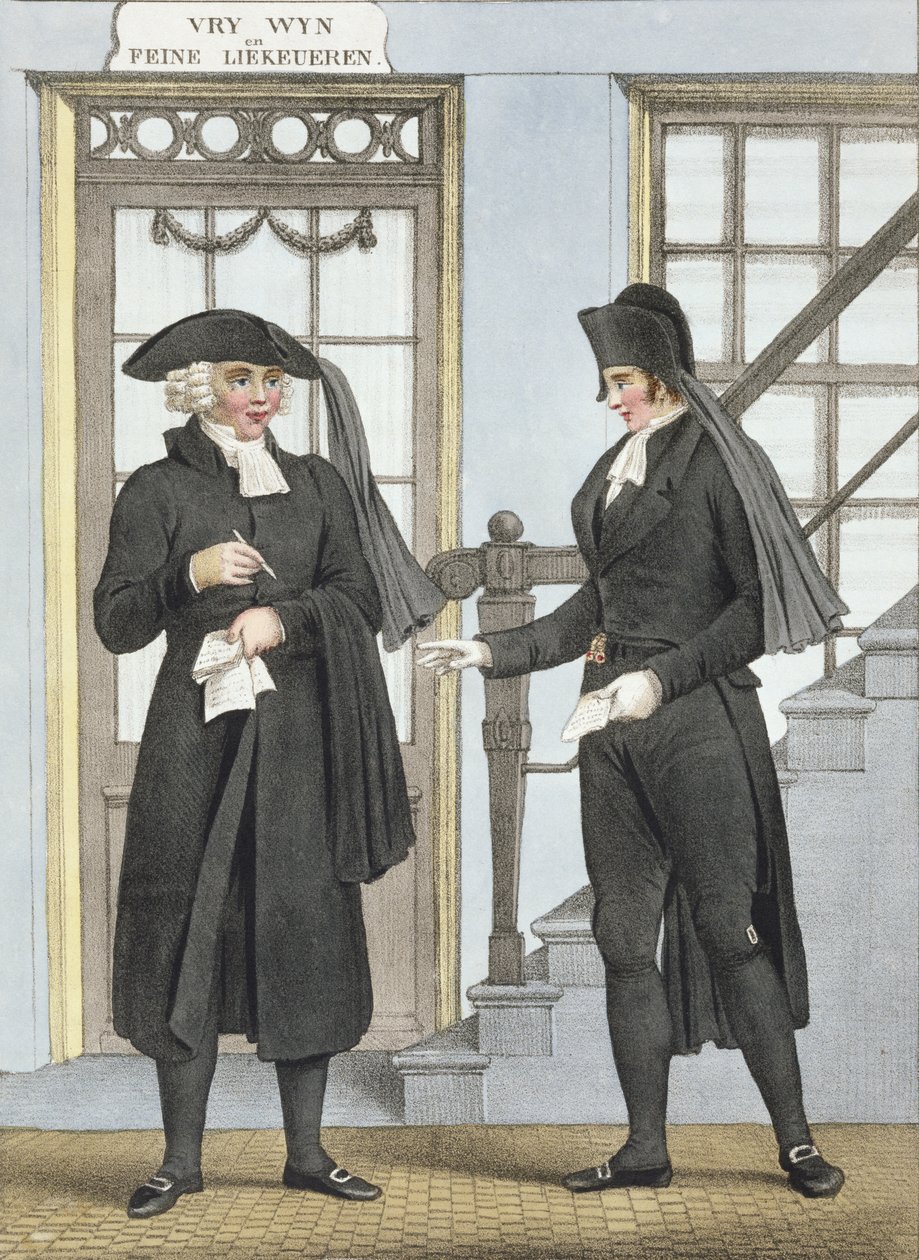 Amsterdamin hautajaisvirkailijat, kuvitus "Alankomaiden kuningaskunnan pohjoisten provinssien pukukokoelmista...", kaiverrettu Villeneuve, 1828 tekijältä Bendrik Greeven