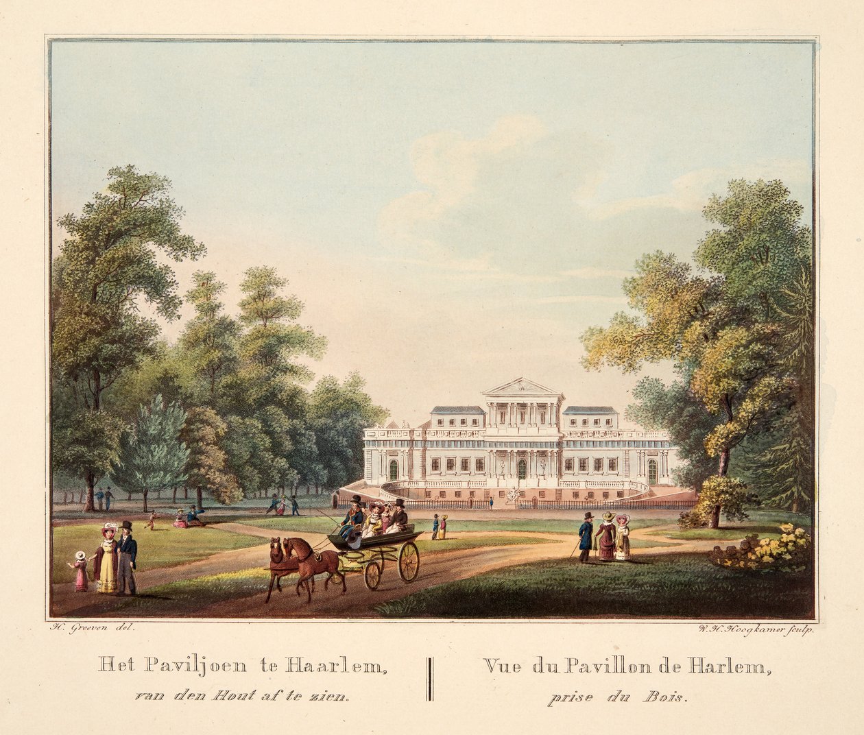 Jaarlemin paviljonki van den Houtista katsottuna. Vue du Pavillon de Harlem, Prize du Bois, 1825 (käsinvärinen kaiverrus) tekijältä Bendrik Greeven