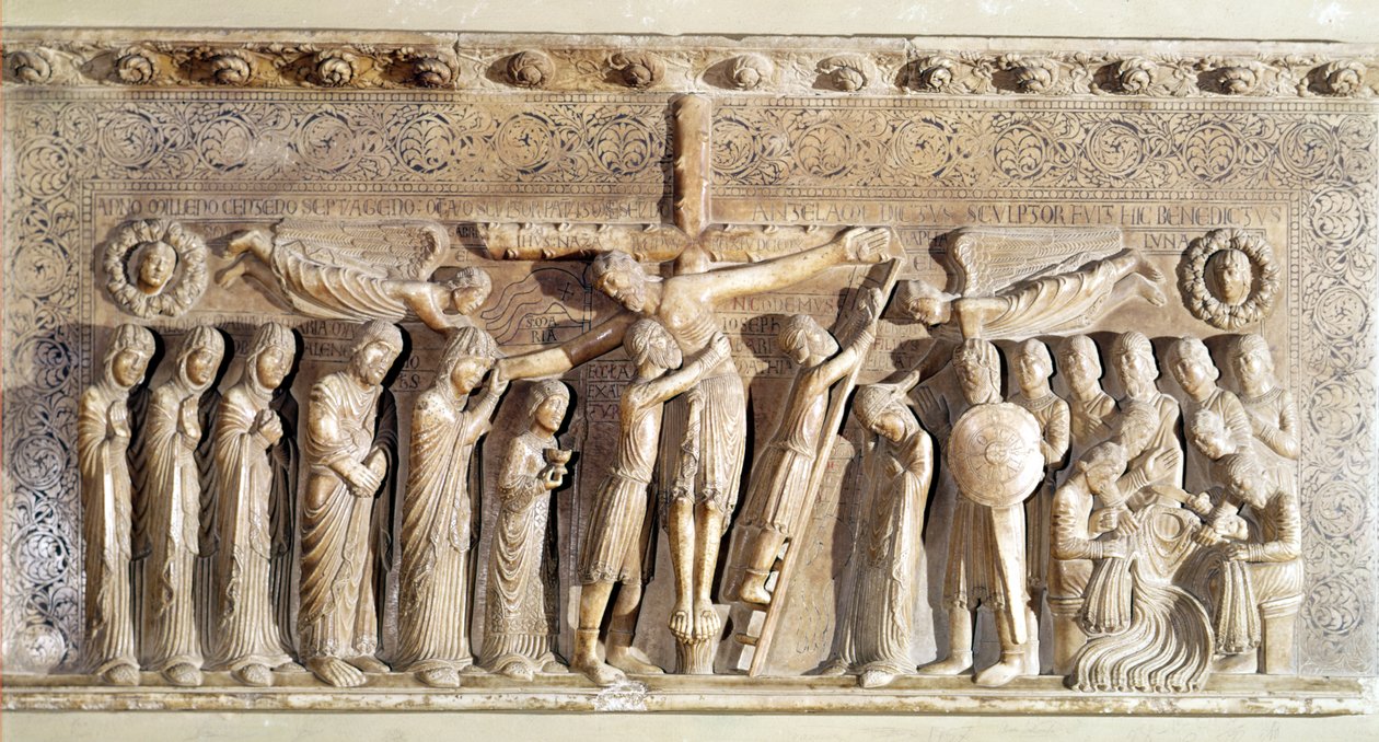 Deposition kuvaava kohokuviotaulu, 1178 (marmori) tekijältä Benedetto Antelami