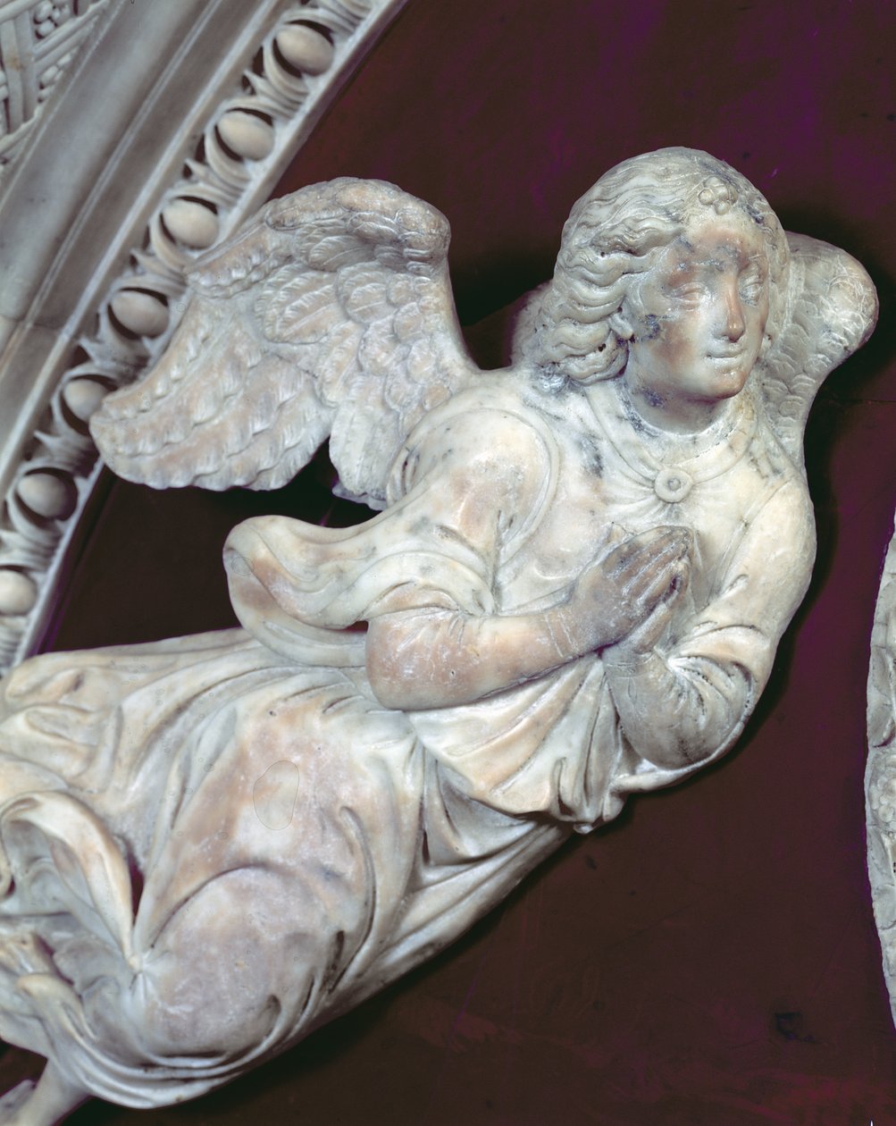 Filippo Strozzin hauta 1428-91 Strozzin kappelissa, enkelin yksityiskohta, 1491-95 marmorinen yksityiskohta 208700:sta tekijältä Benedetto da Maiano