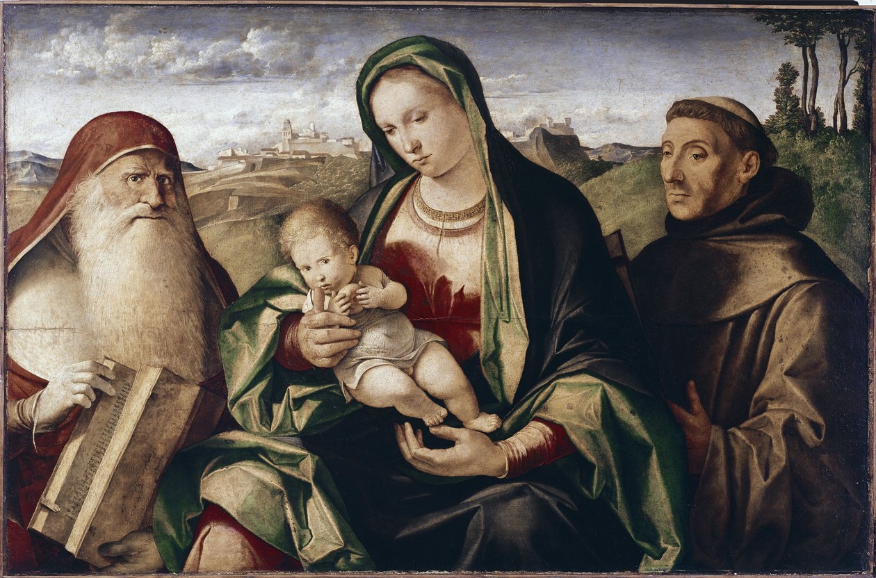 Madonna lapsen kanssa pyhien Hieromuksen ja Franciscuksen välillä (öljy puulle tekijältä Benedetto (c.1460 1525) Diana