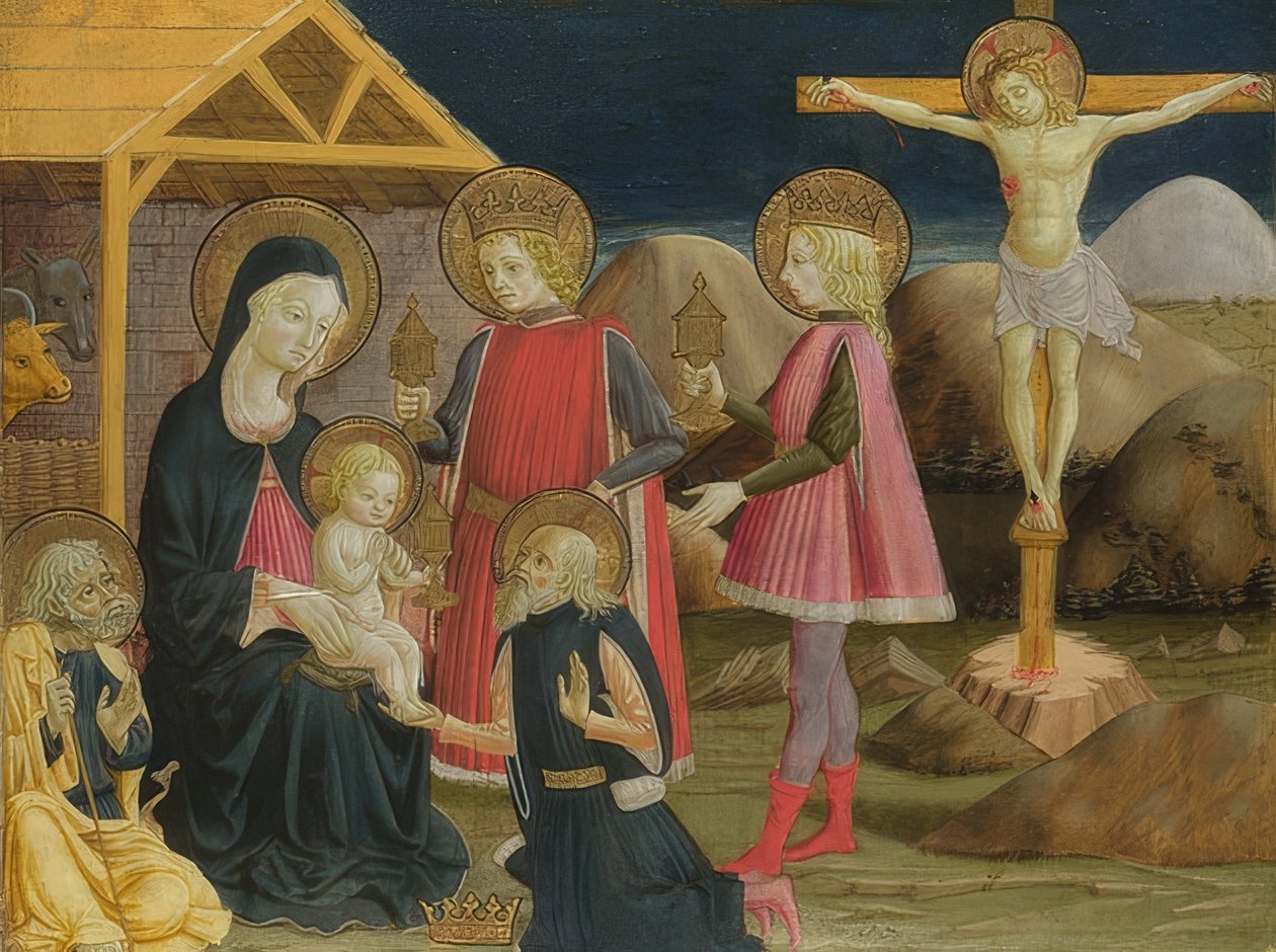 Maagien palvonta ja ristiinnaulitseminen. Noin 1465-75 tekijältä Benedetto Bonfigli