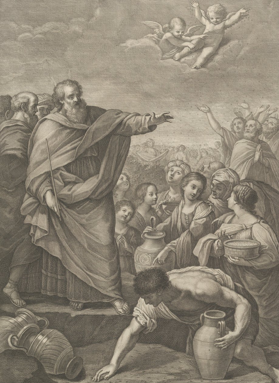 Mooses vasemmalla israelilaisten kanssa, jotka keräävät mannaa, kun se putoaa taivaalta, kaksi enkeliä ab..., 1776 tekijältä Benedetto Eredi