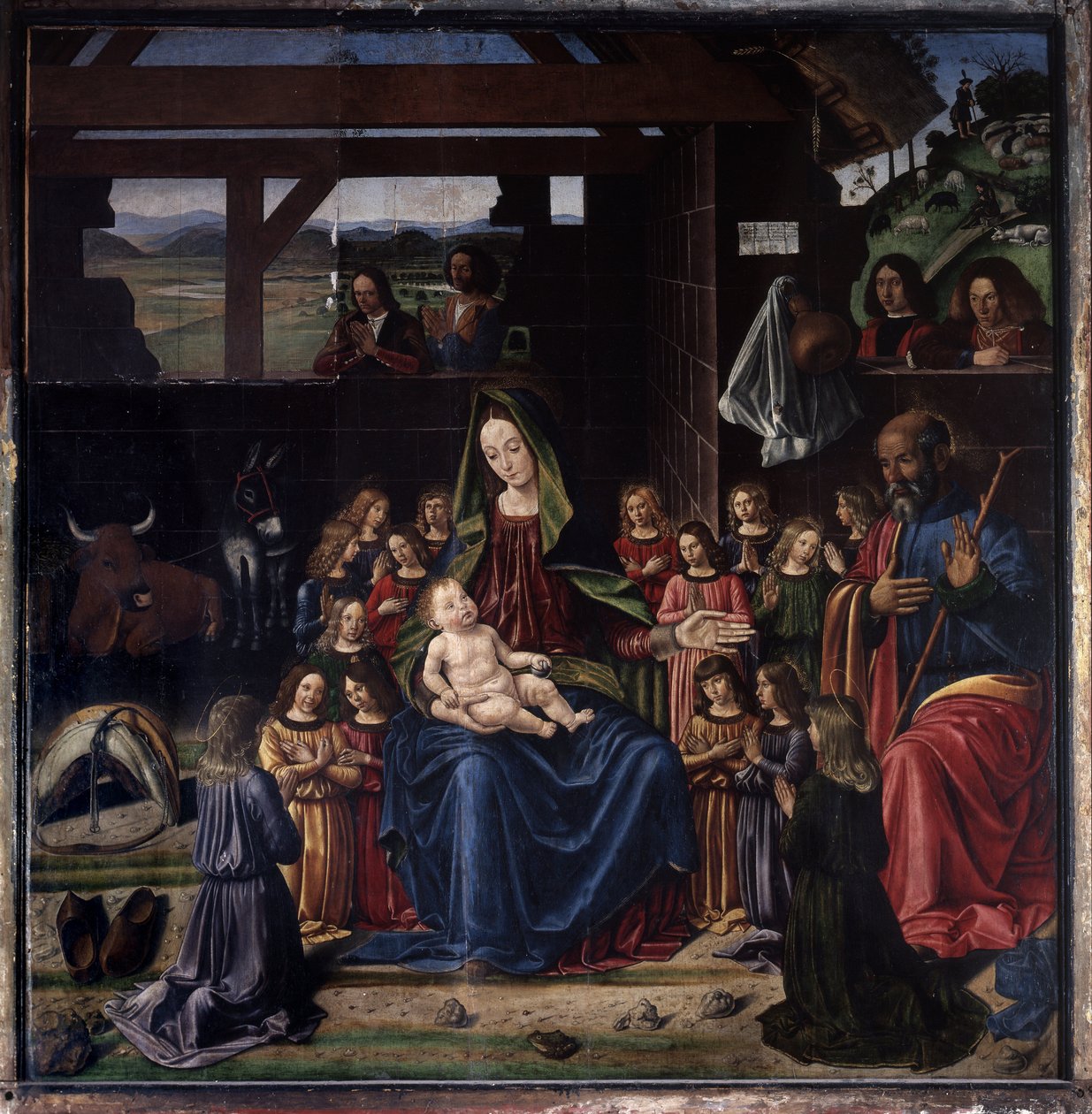 Syntymä. Benedetto Ghirlandaion (1458-1497) maalaus. Öljy puulle. Mitat: 147 x 144 cm. Aiguepersen kirkko tekijältä Benedetto Ghirlandaio