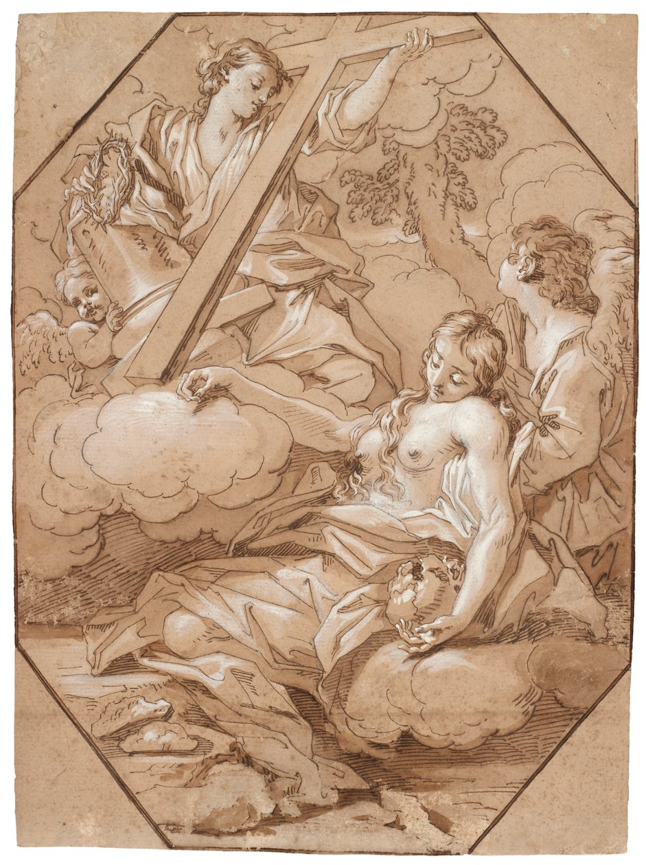 Pyhän Marian Magdaleenan ekstaasi, n. 1715–1719 (kynä ja muste ruskealla pesulla, korotettu valkoisella, kahdeksankulmaiset kehystysviivat ruskealla musteella levitetylle paperille) tekijältä Benedetto Luti