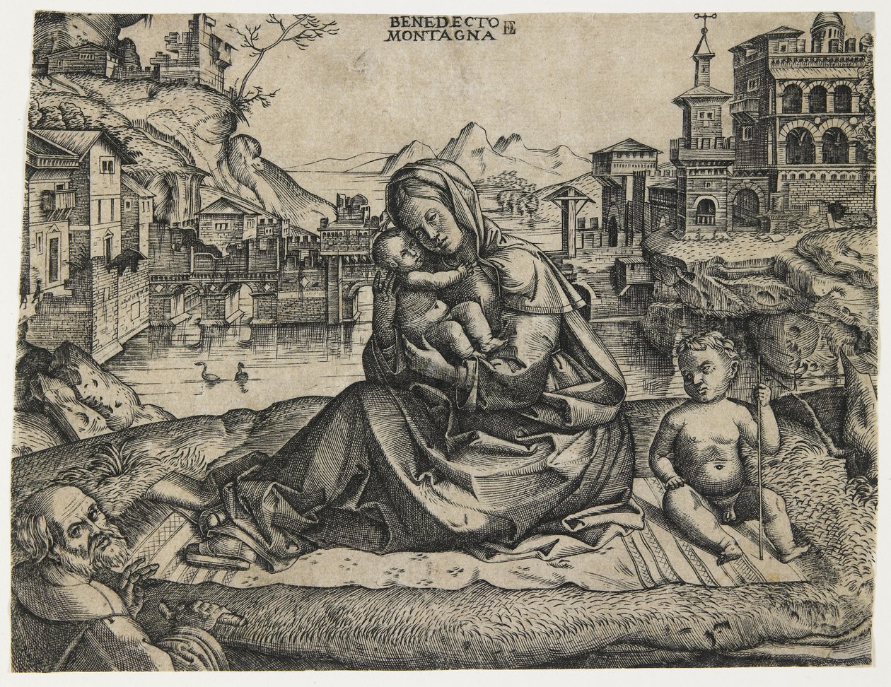 Pyhä perhe pyhä Johanneksen kanssa maisemassa, n. 1506-1512 tekijältä Benedetto Montagna