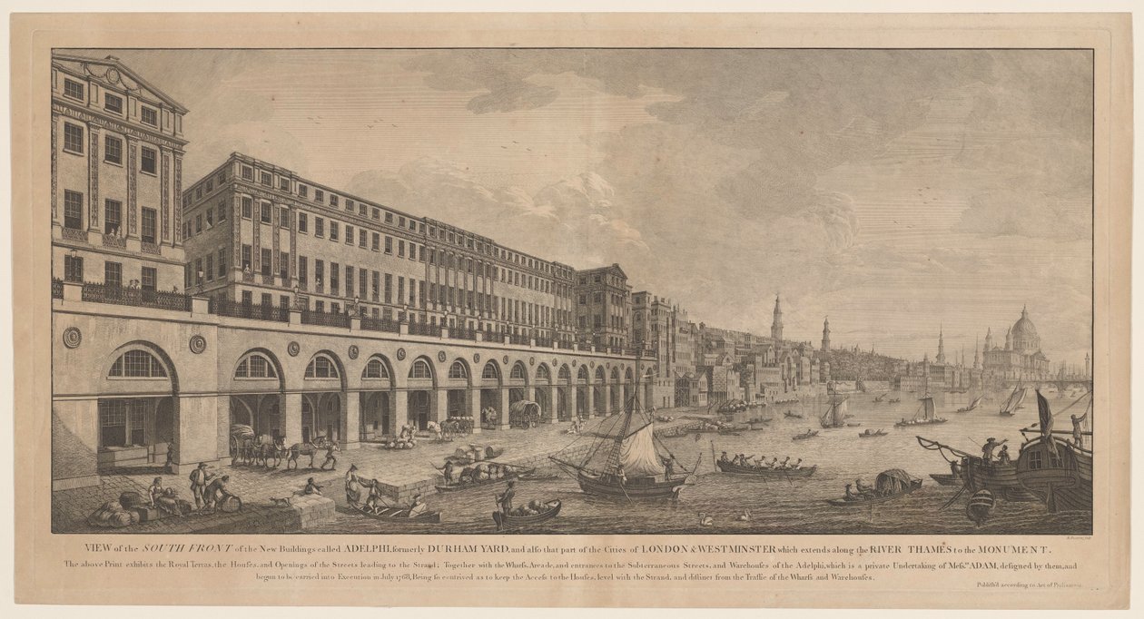 Adelphi vanaf de Thames te Lontoossa Näkymä Adelphiksi kutsuttujen uusien rakennusten etelärintamalta, entinen Durham Yard (...) (otsikko esineessä) tekijältä Benedetto Pastorini