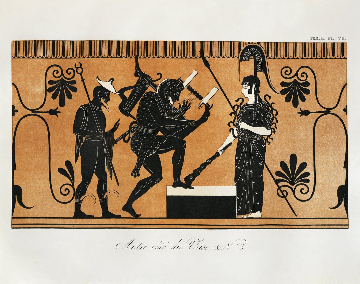 Kohtaus antiikin kreikkalaisesta maljakosta, jossa Herakles soittaa lyyraa Athenen edessä ja Hermes seisoo hänen takanaan, Piringer (kreikkalaisen originaalin mukaan), kaiverrus. tekijältä Benedict or Benedikt Piringer