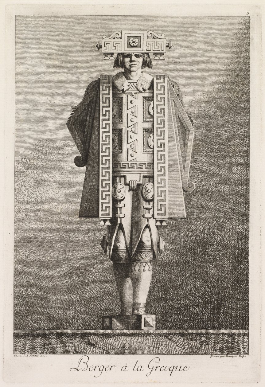 Kreikkalainen naamiainen: Shepherd a la Grecque, levy 5, 1771. tekijältä Benigno Bossi