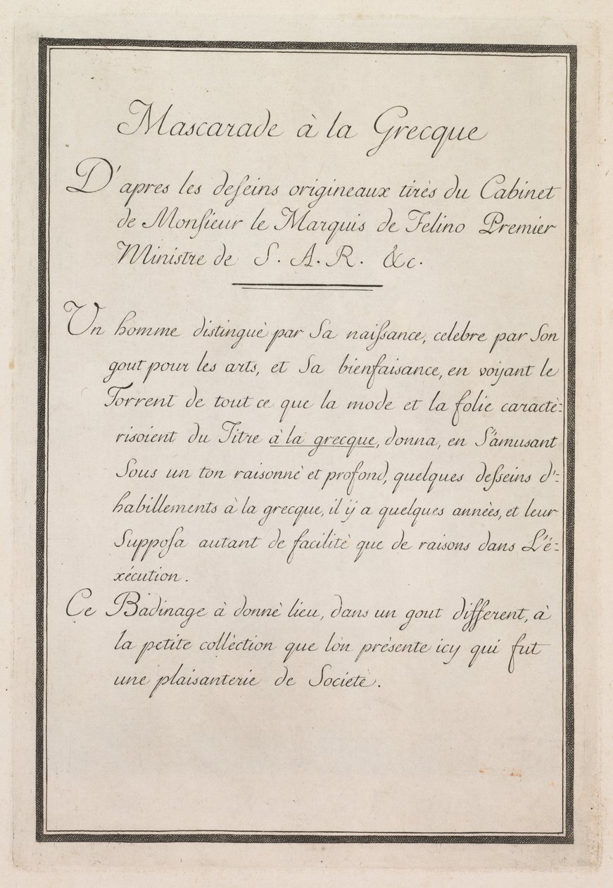 Kreikkalainen naamiainen: Nimilehtitaulu 1, 1771. tekijältä Benigno Bossi
