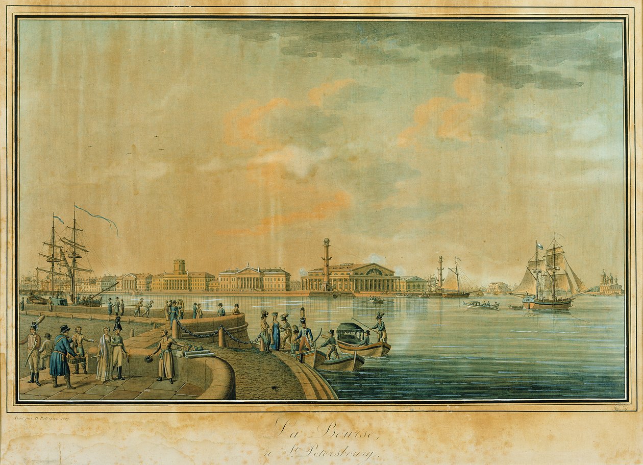 Pörssi ja Rostral-pylväät, Pietari, 1807 (kaiverrus wc:llä) tekijältä Benjamin Patersson