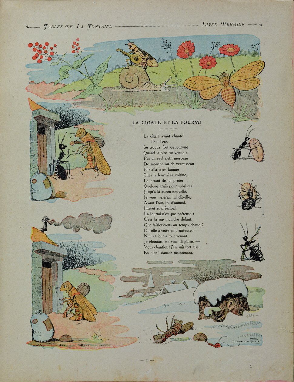Cicada ja muurahainen Jean de la Fontainen (1621-95) "Fablesista" 1906 tekijältä Benjamin Rabier