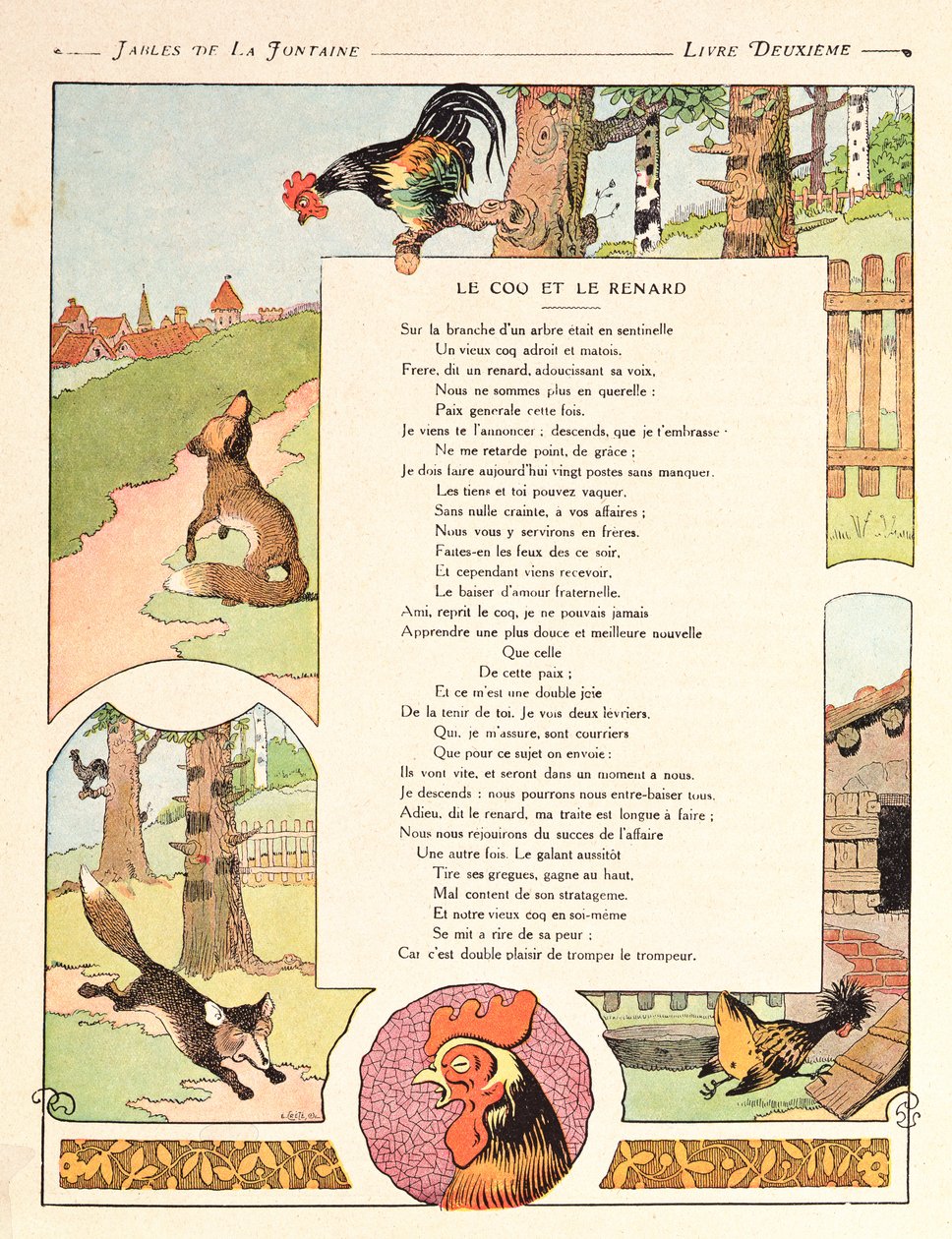 Kukko ja kettu, kuvitus Jean de la Fontainen teoksesta "Fables", vuoden 1906 painos tekijältä Benjamin Rabier