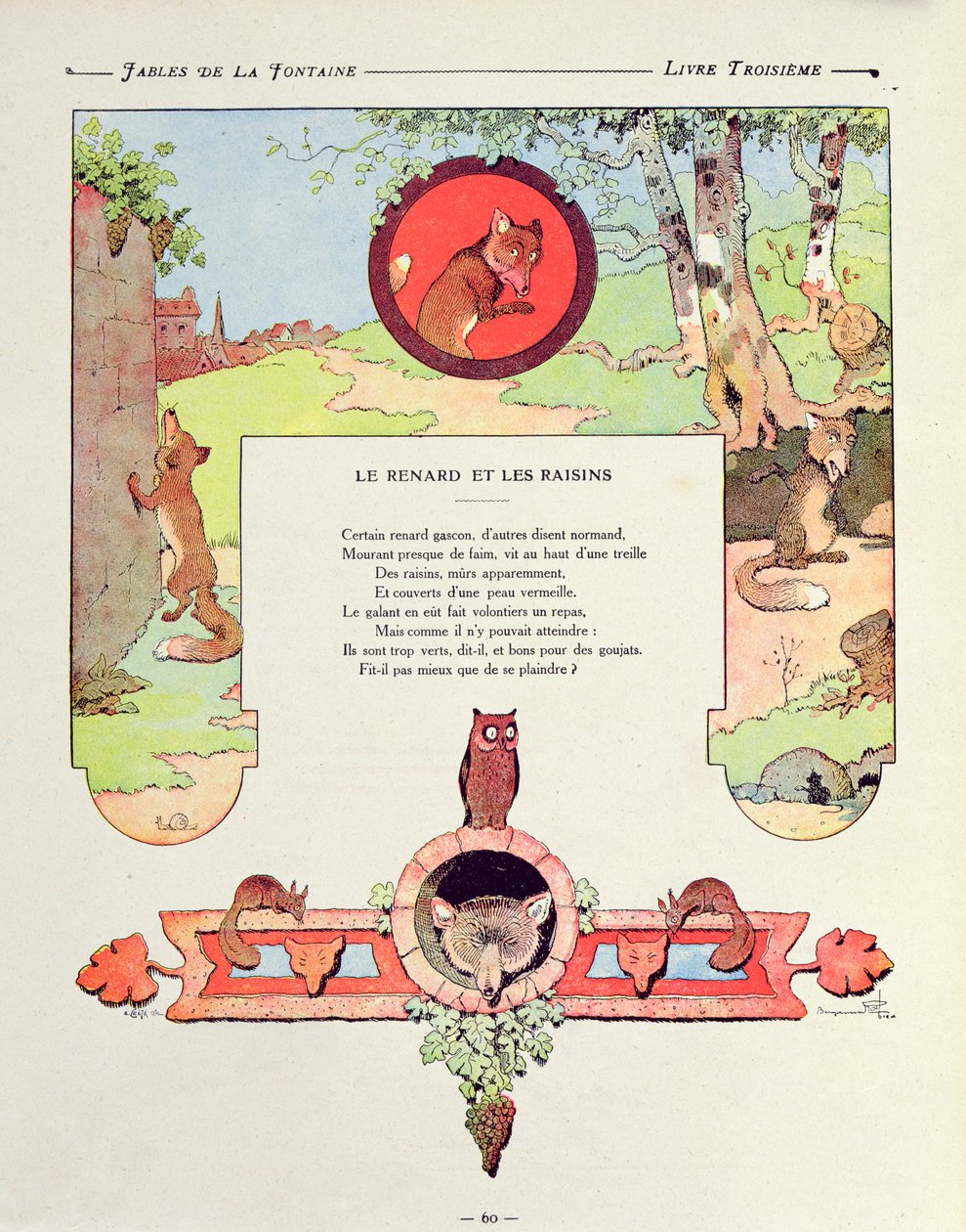 Kettu ja viinirypäleet, kuvitus Jean de la Fontainen teoksesta "Fables", vuoden 1906 painos tekijältä Benjamin Rabier