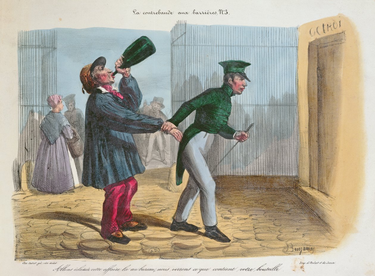 Salakuljetuksen löytö tulliesteellä Pariisin sisäänkäynnissä, n. 1840 tekijältä Benjamin Roubaud