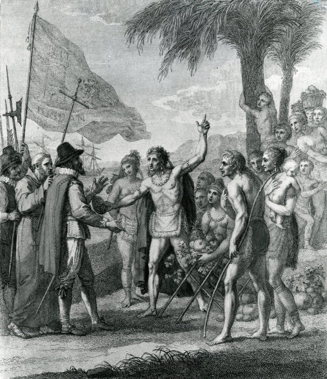 Intialainen Cacique Kuuban saarelta, joka puhuu Kolumbukselle (1451-1500) tulevasta osavaltiosta, Bry:n "The History, Civil and Commercial of the British Colonies in the West Indies" etupaneeli. tekijältä Benjamin West