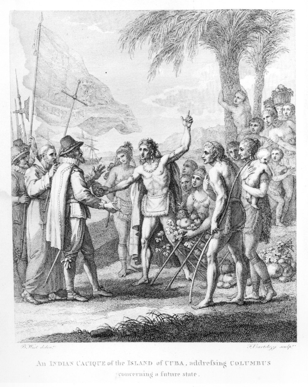 Intiaanilainen Cacique Kuuban saarelta, joka puhuu Kolumbukselle (1451-1500) tulevasta osavaltiosta, Bry:n "The History, Civil and Commercial of the British Colonies in the West Indies" etupaneeli. tekijältä Benjamin West
