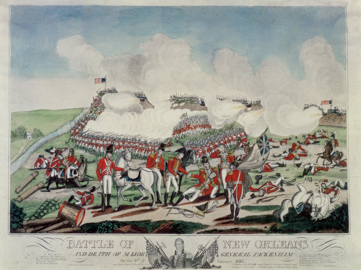 New Orleansin taistelu ja kenraalimajuri Packenhamin kuolema 8. tammikuuta 1815, kaiverrettu J. Yeagerin toimesta, julkaissut McCarly ja Davis, 1817. tekijältä Benjamin West