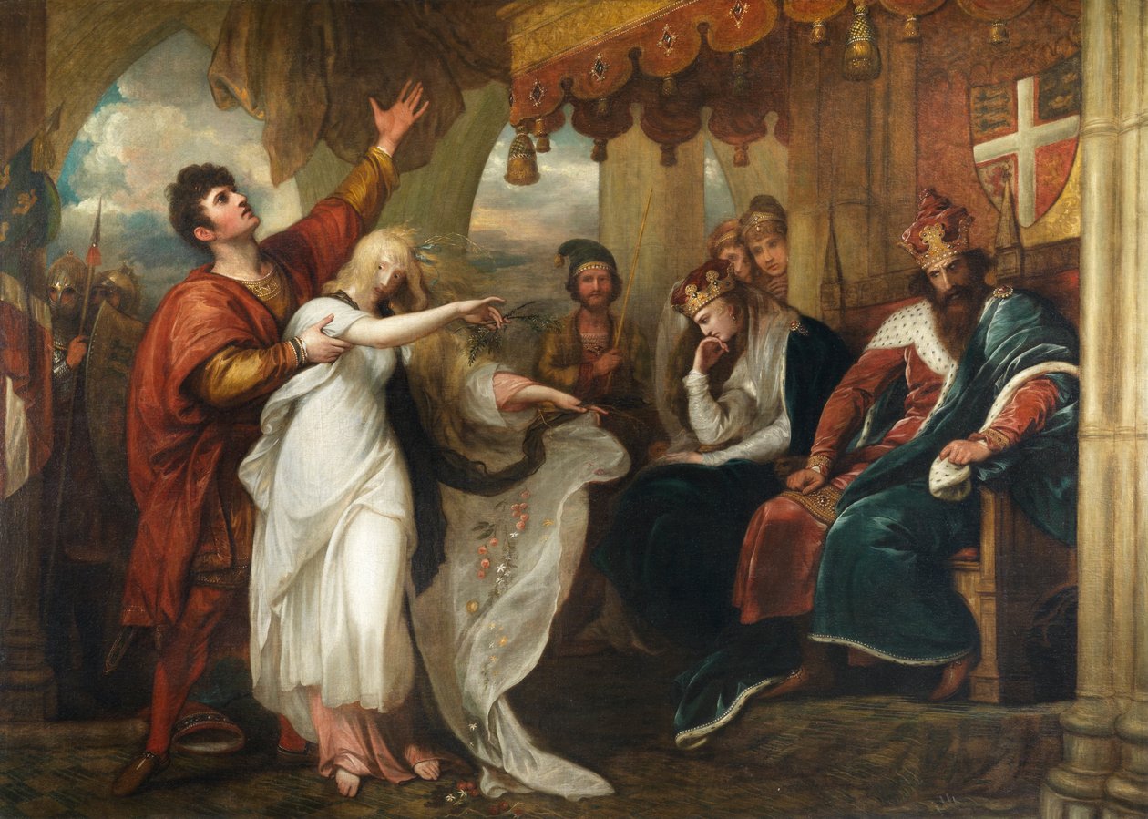 Hamlet- näytös IV, kohtaus V (Ophelia kuninkaan ja kuningattaren edessä) tekijältä Benjamin West