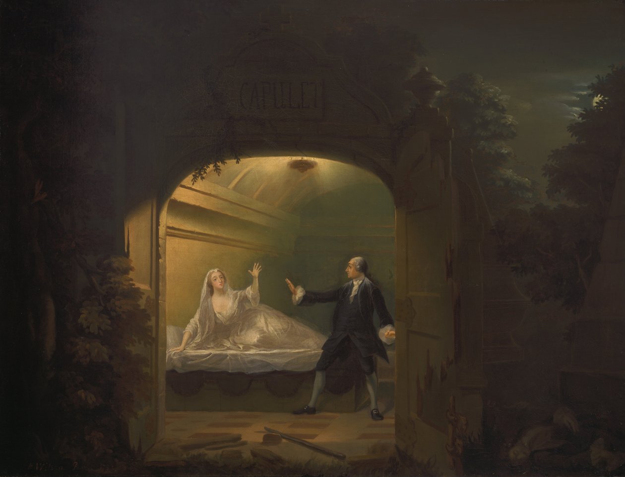 David Garrick ja George Anne Bellamy elokuvassa Romeo ja Julia, V näytös, kohtaus iii. tekijältä Benjamin Wilson