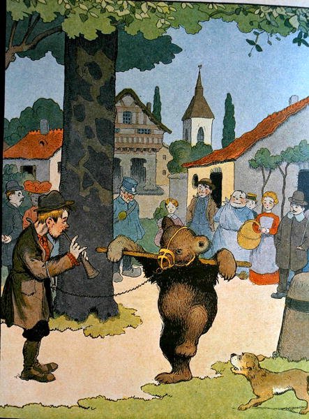 The Bear Leader, kuvitus teoksesta "Le Buffon de Benjamin Rabier", muokattu Georges de Buffonin (1707-88) "Histoire Naturelle" -teoksesta (värikaiverrus) tekijältä Benjamin (after) Rabier