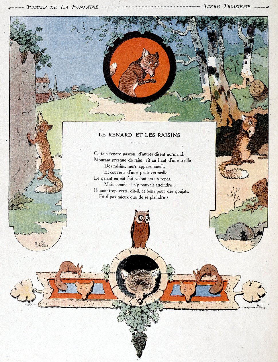 Kettu ja viinirypäleet, kuvitus Jean de la Fontainen "Fablesista". tekijältä Benjamin (after) Rabier