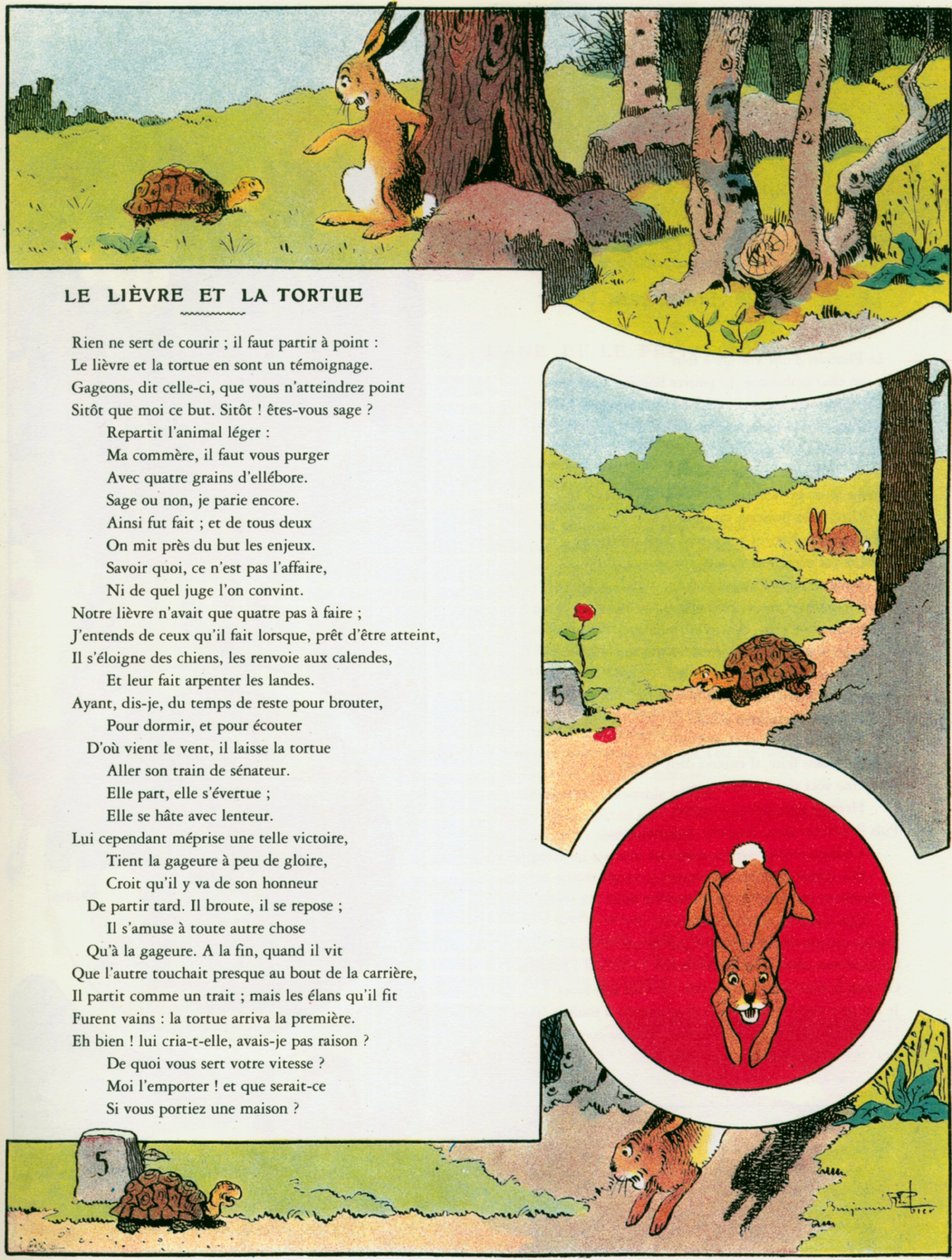 Jänis ja kilpikonna, kuvitus Jean de la Fontainen "Fablesista". tekijältä Benjamin (after) Rabier