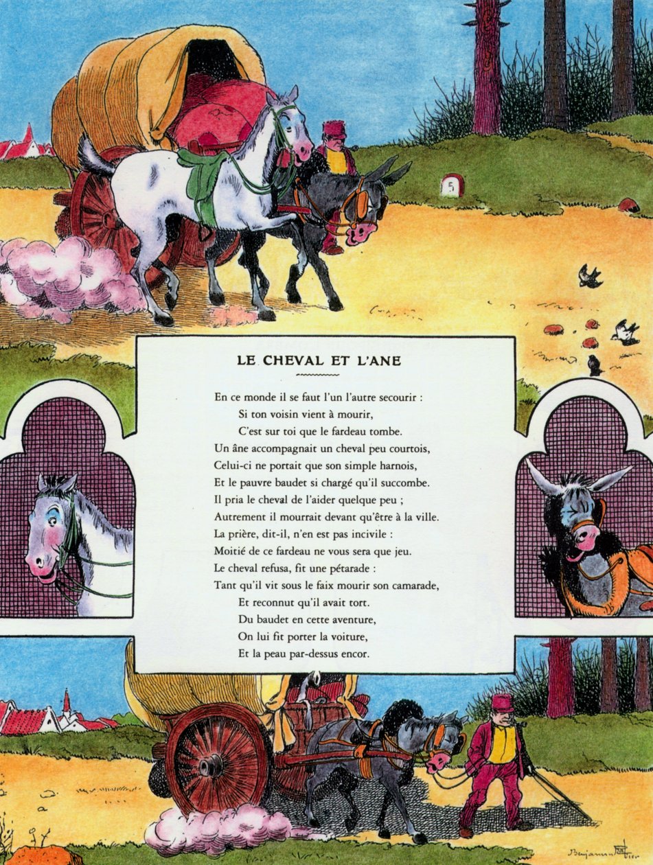 Hevonen ja aasi, kuvitus Jean de la Fontainen "Fablesista". tekijältä Benjamin (after) Rabier