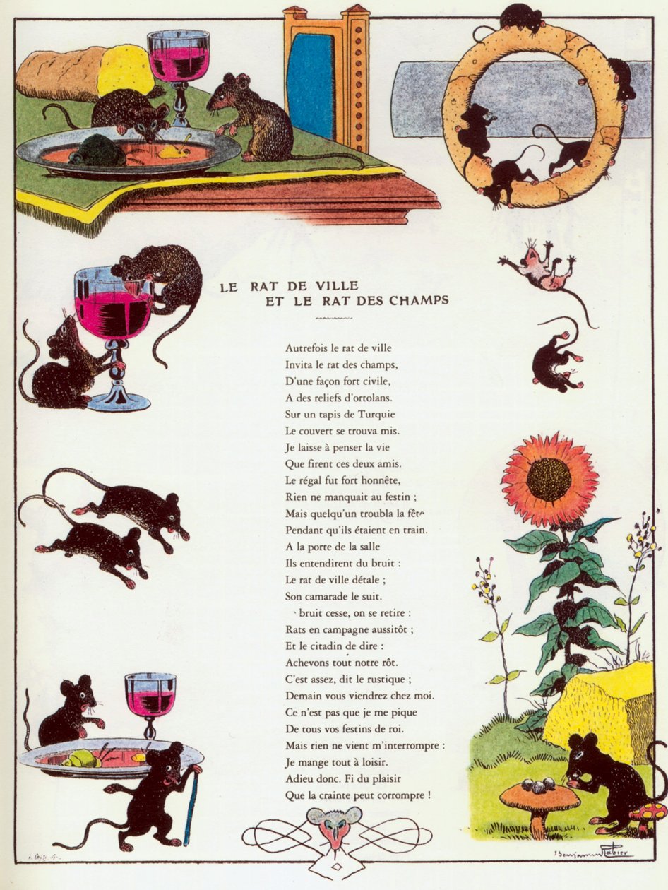 Town Mouse ja Country Mouse, kuvitus Jean de la Fontainen "Fablesista". tekijältä Benjamin (after) Rabier