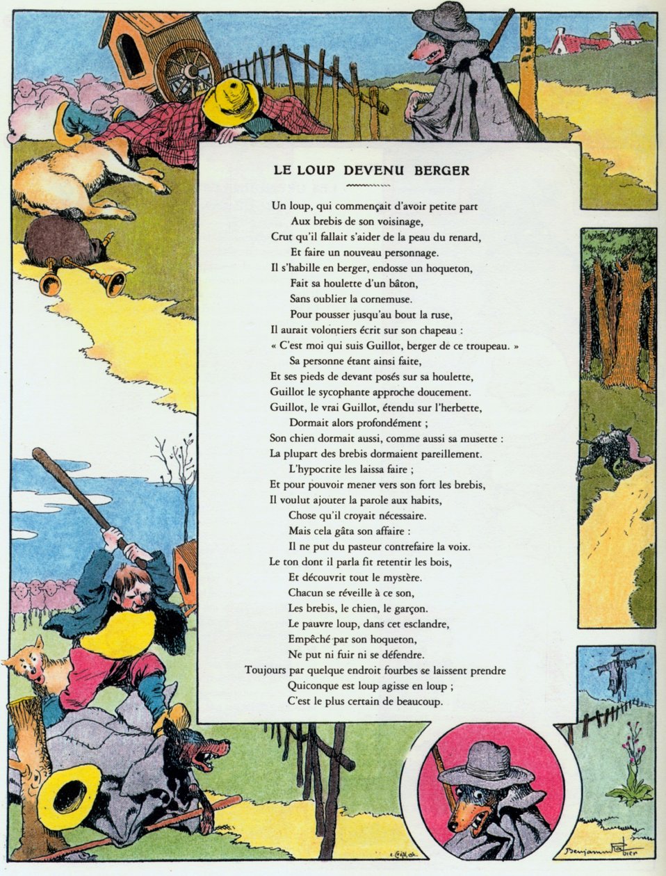 The Wolf Turned Shepherd, kuvitus Jean de la Fontainen "Fablesista". tekijältä Benjamin (after) Rabier